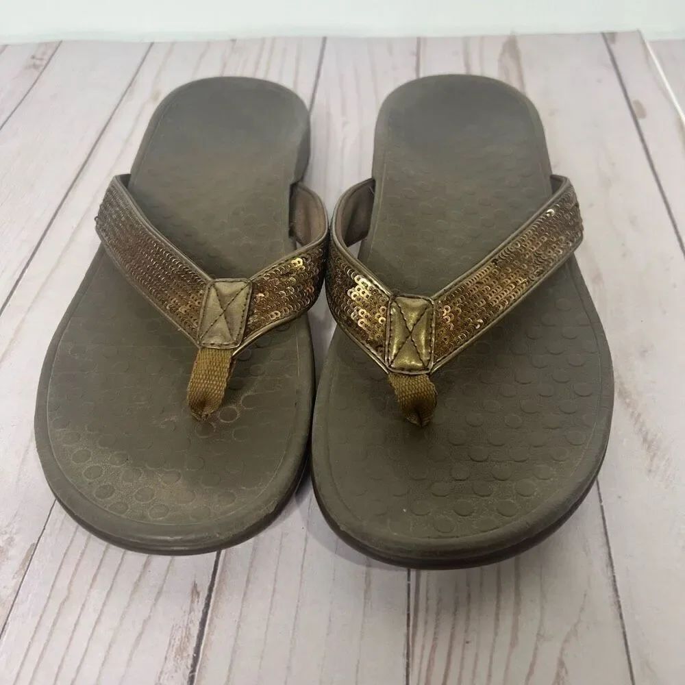 Vionic Tide Bronze Metallic Sequins Orthaheel Brown Flip Flip Sandals Sz 9